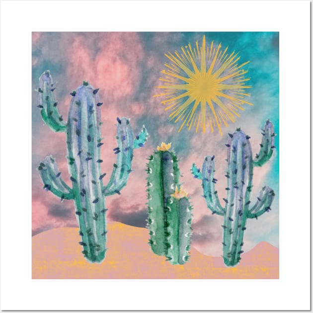 Abstract Cactus Scene - Pink Blue Wall Art by HalfPastStarlight